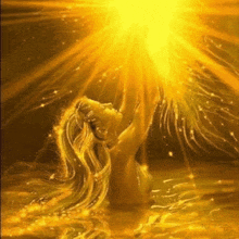 a painting of a woman in the water holding a golden light .