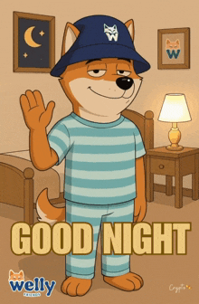 a cartoon dog wearing striped pajamas and a blue hat says good night