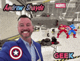 a man in a blue suit with the name andrew shayde written above him