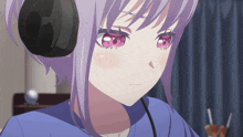 a girl with purple hair and pink eyes is wearing headphones and a blue shirt
