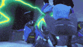 a person is riding a blue robot with a lightning bolt coming out of it