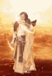 a man in a costume is holding a sword in his right hand
