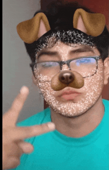 a man wearing glasses and a dog face mask giving the peace sign