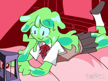 a cartoon of a green monster laying on a bed with ibispaint written on the bottom
