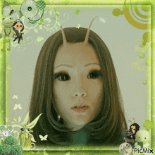 a picture of a woman 's face is surrounded by a green frame with picmix written on it