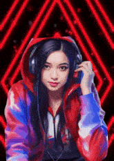 a girl wearing headphones and a hoodie with a red triangle in the background