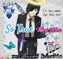 a picture of a man in a suit with the words so true bestie on the bottom