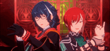 two anime characters are standing next to each other in front of a red wall .