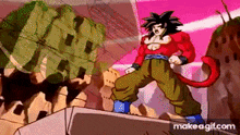a cartoon character is standing on top of a rock with a tail .