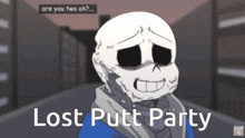 a cartoon of a skeleton with the words " lost putt party " on the bottom