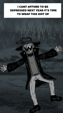 a black and white drawing of a scarecrow with the caption i cant afford to be depressed
