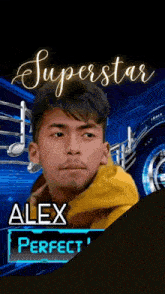 a picture of a young man with the name alex perfect on it