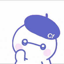 a cartoon character wearing a purple hat with cf on it