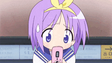 a girl with purple hair is holding a pink cellphone with the number 0 on it