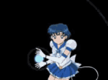 a girl with blue hair and white gloves is holding a ball