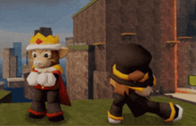 a monkey wearing a crown and cape is standing next to a man in a top hat .