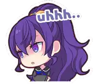 a cartoon of a girl with purple hair and the words uhhh on her head .