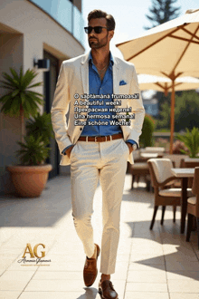 a man wearing a white suit and a blue shirt is standing in front of a building