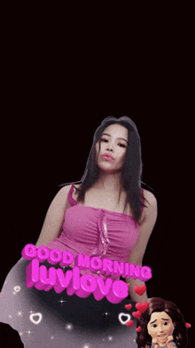 a woman in a pink top with the words good morning luvlove above her
