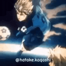 a man is kicking a soccer ball in the air while another man watches .