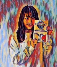 a colorful painting of a woman holding up a cd