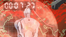 a robot is standing in front of a digital clock that says 1:27
