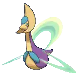 a pixel art drawing of a duck with a purple tail