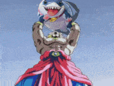 a cartoon character is holding a shark with the word sup on his chest