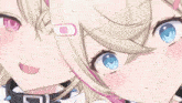 a close up of two anime girls ' faces with blue eyes .