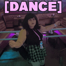 a woman is dancing in a room with the words [ dance ] written above her
