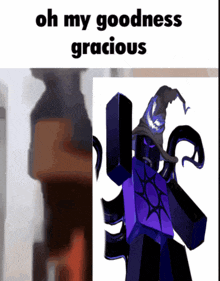 a picture of a purple cartoon character with the words oh my goodness gracious