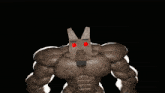 a robot with red eyes and a letter m on his head