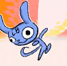 a cartoon drawing of a blue rabbit with big eyes and a tail .