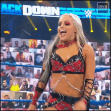 a female wrestler is standing in a wrestling ring .