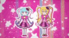 two anime girls are standing next to each other on a pink background with stars .