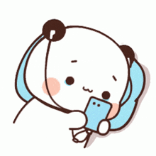 a cartoon panda bear is crying while listening to music on a cell phone .