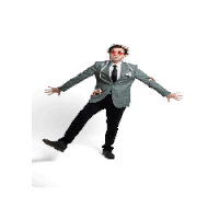 a man in a suit and tie is flying through the air with his arms outstretched