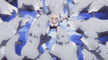 a girl is surrounded by a pack of wolves with their mouths open