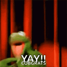 kermit the frog is standing in front of a red curtain and saying yay ! cobgrat .