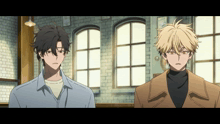 two anime characters are standing next to each other in front of windows