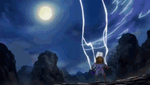 a man in a straw hat is standing in front of a full moon and lightning