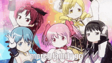a group of anime girls are standing next to each other with the words " mpreg family gc " on the bottom