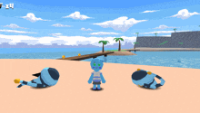 a cartoon character is standing on a beach with two other characters laying on the sand