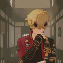 a cartoon character with a red jacket and black sleeves is covering his mouth