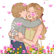 a drawing of a boy kissing a woman on the cheek