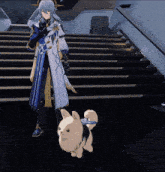 a video game character standing next to a small dog on a leash