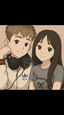a boy wearing headphones and a girl wearing a shirt with jimmy on it