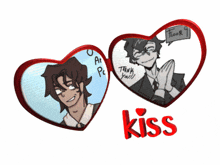 two red hearts with a picture of a man and the word kiss