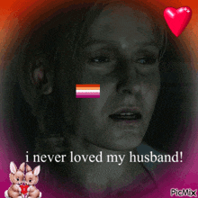 a picture of a woman with the words " i never loved my husband " on it