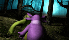 a purple monster and a green monster are in a forest